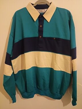 VTG Classic Teal, Navy & Cream Colorblock Rugby Shirt Sz XL NWT